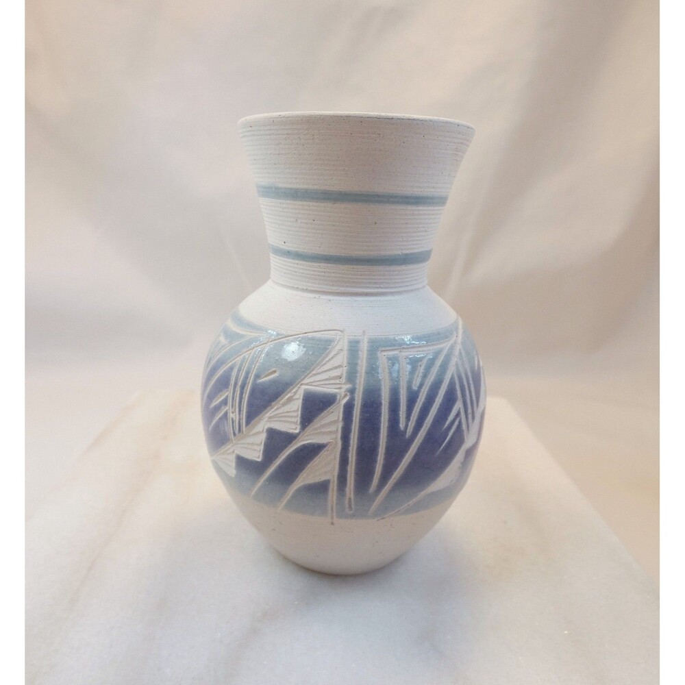 R. Gonza Mexico Southwest Pottery Small  Art Vase Pale Blue Signed 4"